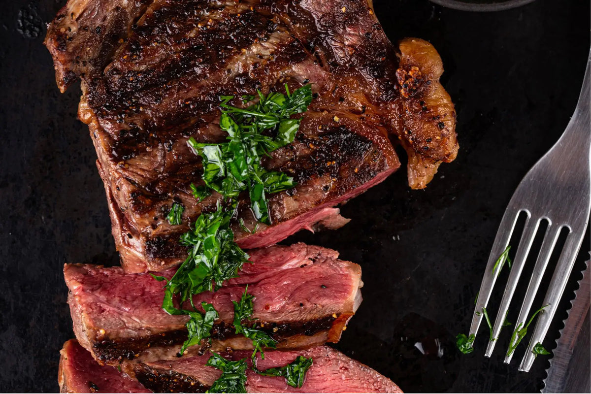Coffee-crusted rib-eye steak with a spiced espresso crust