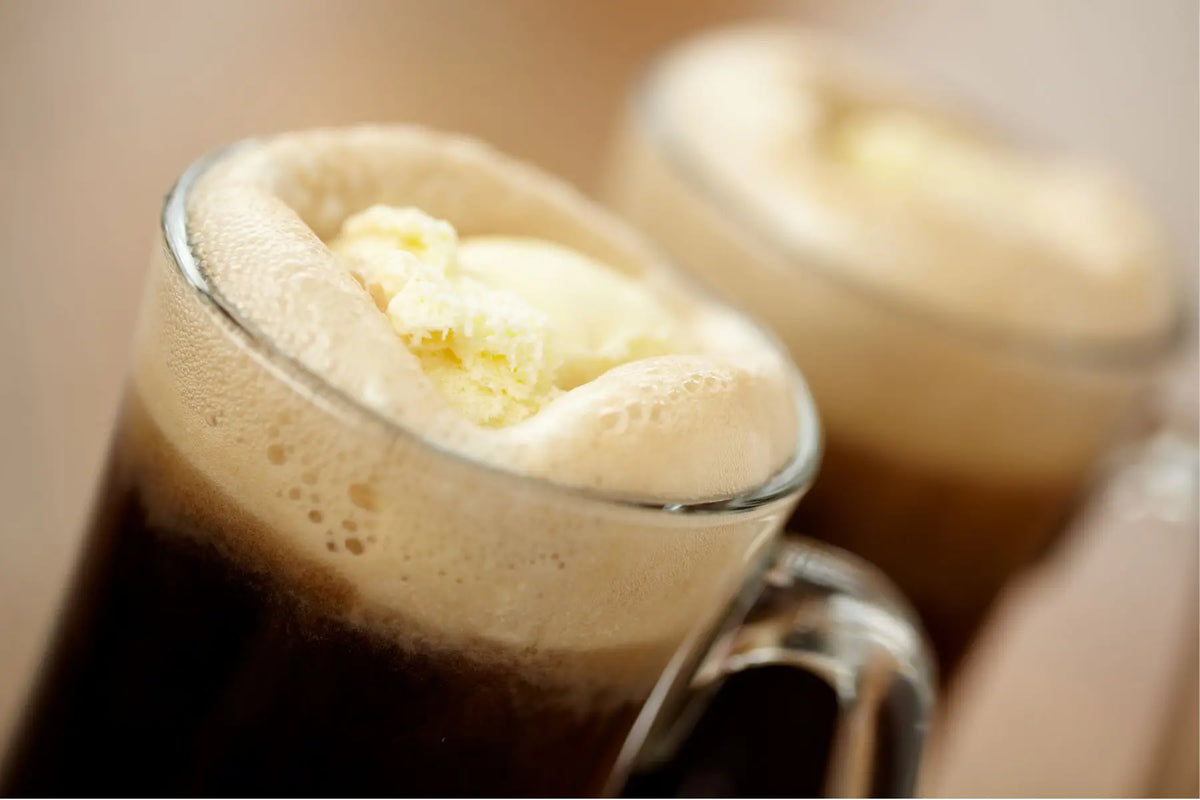 Coffee float with coffee ice cream, seltzer and coffee syrup