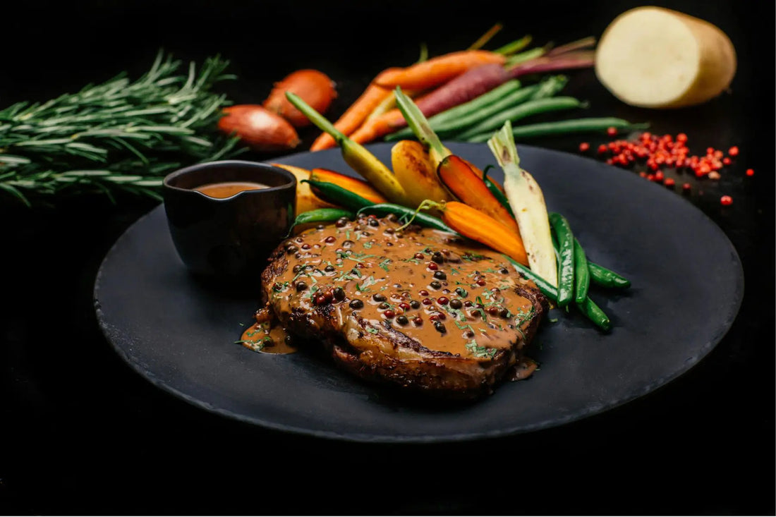 Grilled flank steak marinated with coffee syrup and peppercorns
