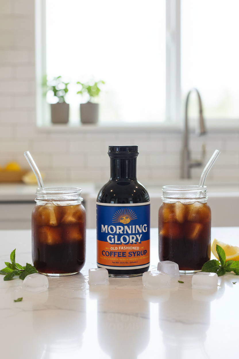 Iced coffee drinks with Morning Glory syrup