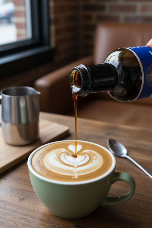 Coffee syrup being poured into latte
