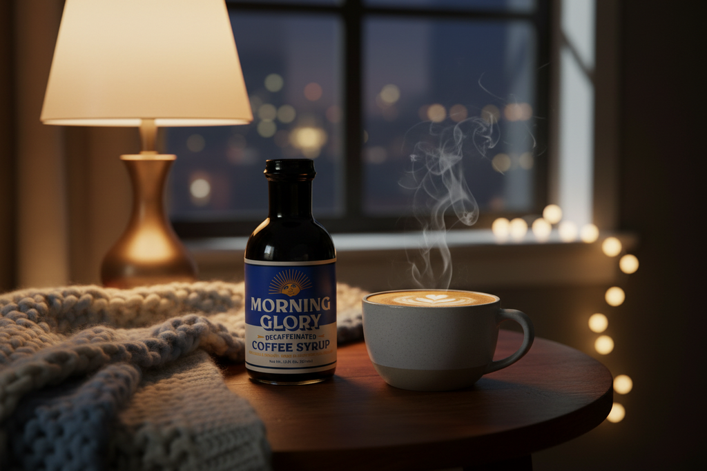 Evening scene with Morning Glory Decaf Coffee Syrup and latte