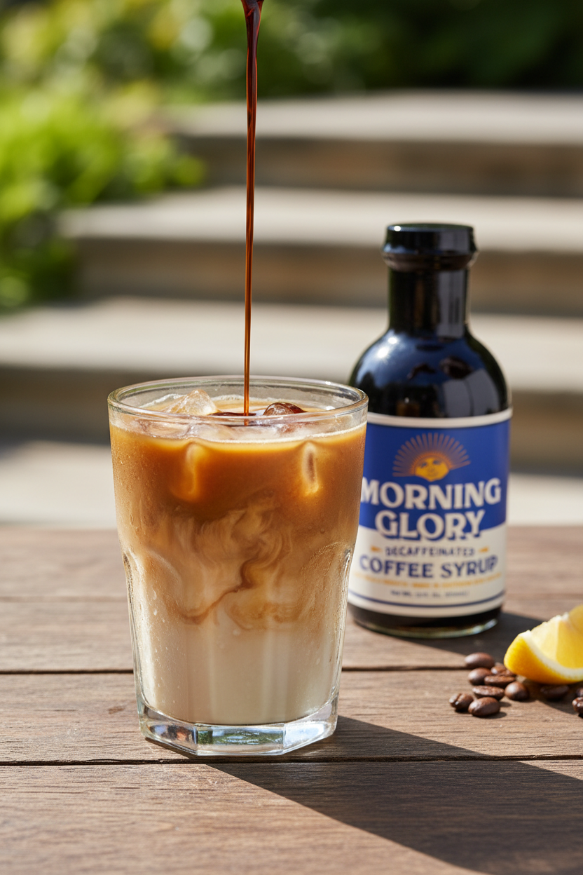 Decaf coffee syrup being poured into iced coffee