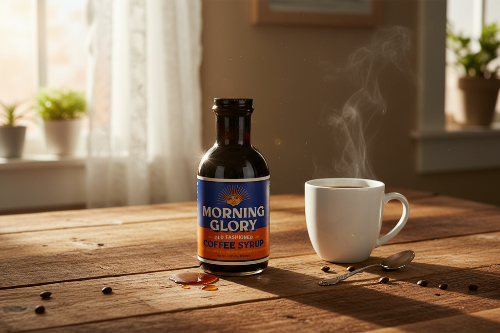 Morning Glory Coffee Syrup on breakfast table with coffee
